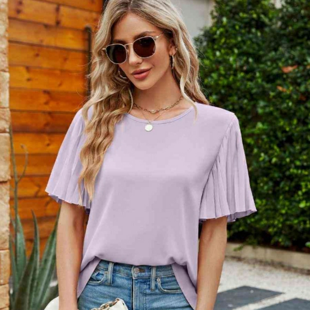 Calvin Klein women's Sz Large lilac pleated wide puff sleeve Drapey top NWT